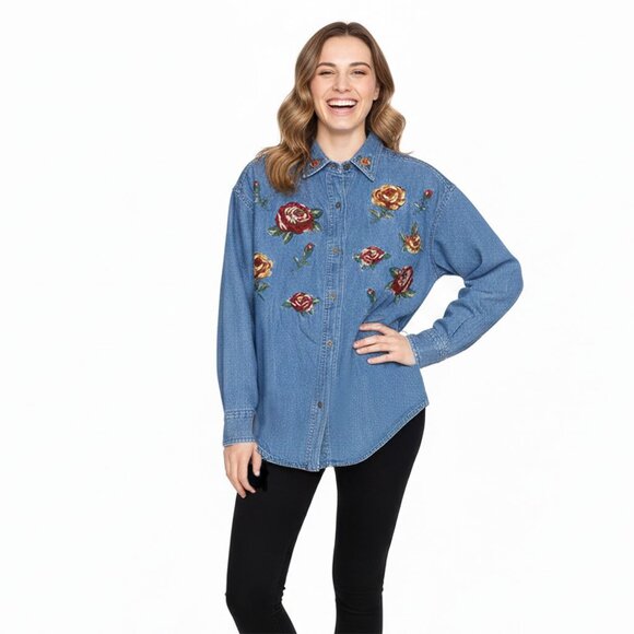 Bushwacker Tops - Vintage Bushwacker Floral Embroidered Oversized Denim Shirt Western Cottagecore